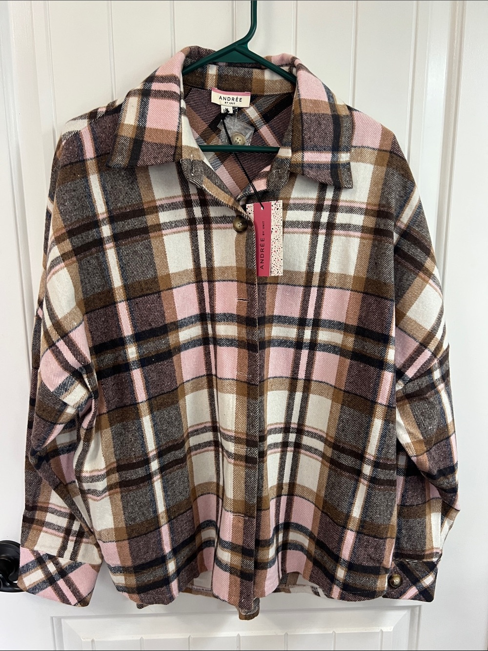 ANDREE BY UNIT Pink Plaid Utility Shacket with Brown and Cream